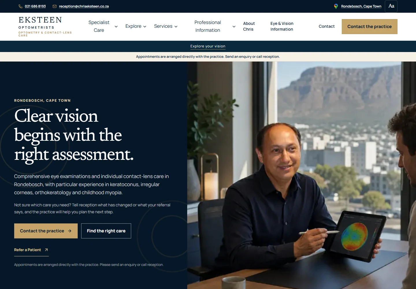 Desktop view of the Eksteen Optometrists public website, showing its navy and gold homepage.