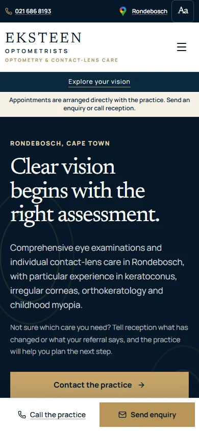 The Eksteen Optometrists homepage adapted to a narrow mobile screen.